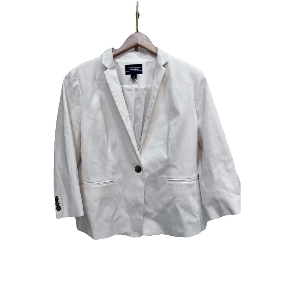 NWOT White Lands End Suit Jacket Blazer Women's Sz 14 Cotton Classic Casual